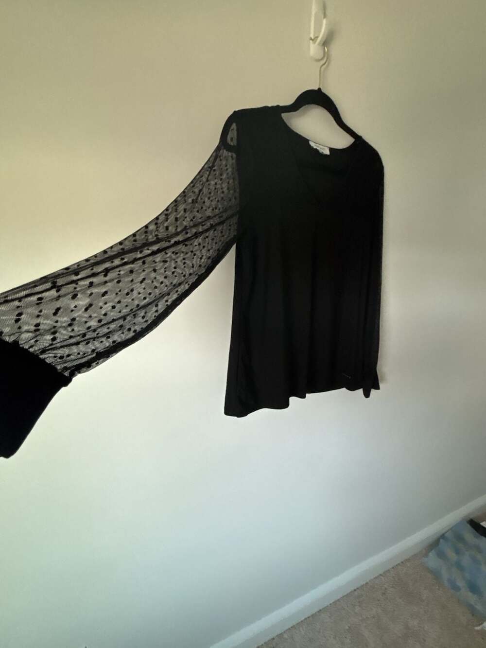 Nine West Black V-Neck Blouse with Sheer Polka Dot Sleeves